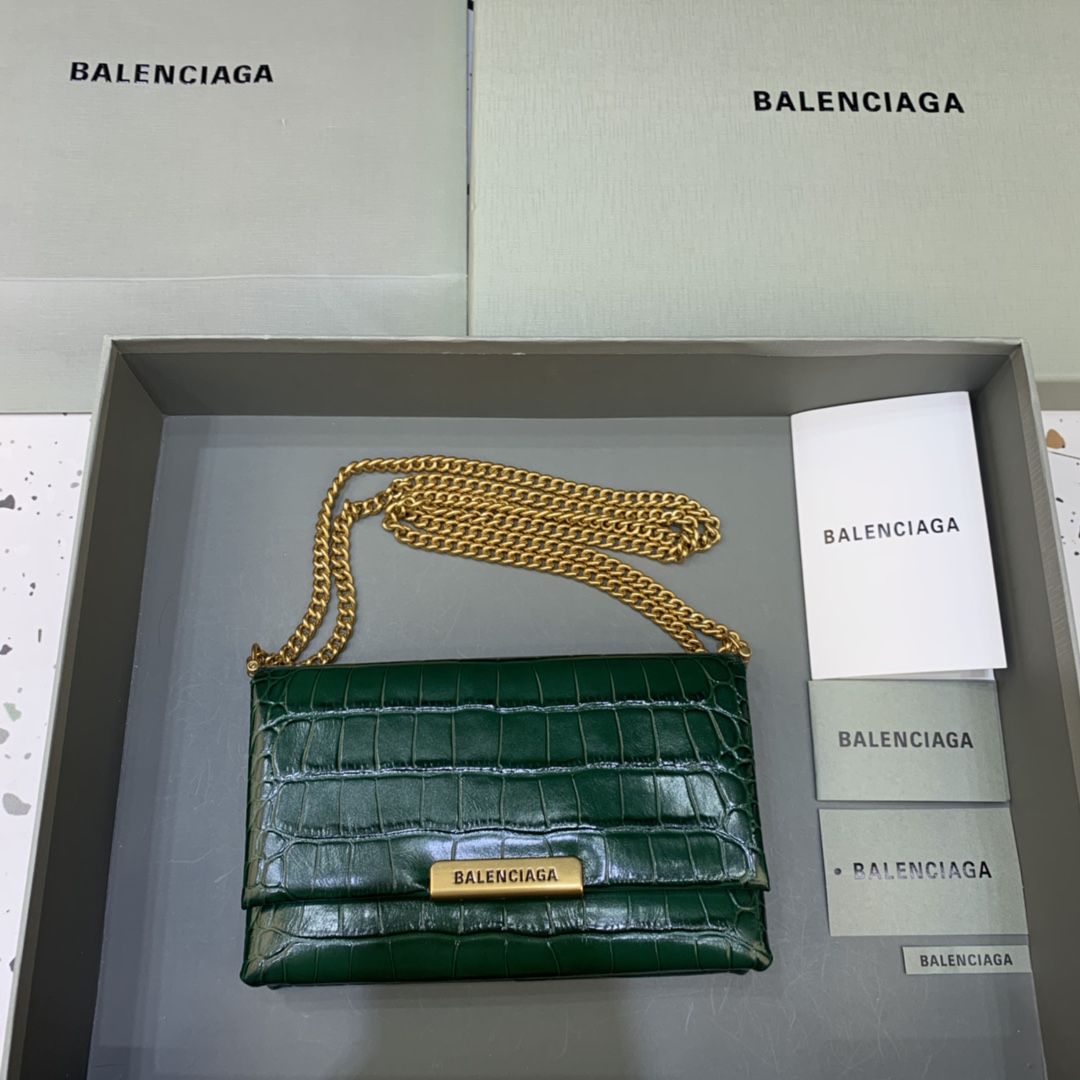 Balenciaga Triplet Small Bag With Chain Crocodile Embossed Calfskin Shouler Bag Green